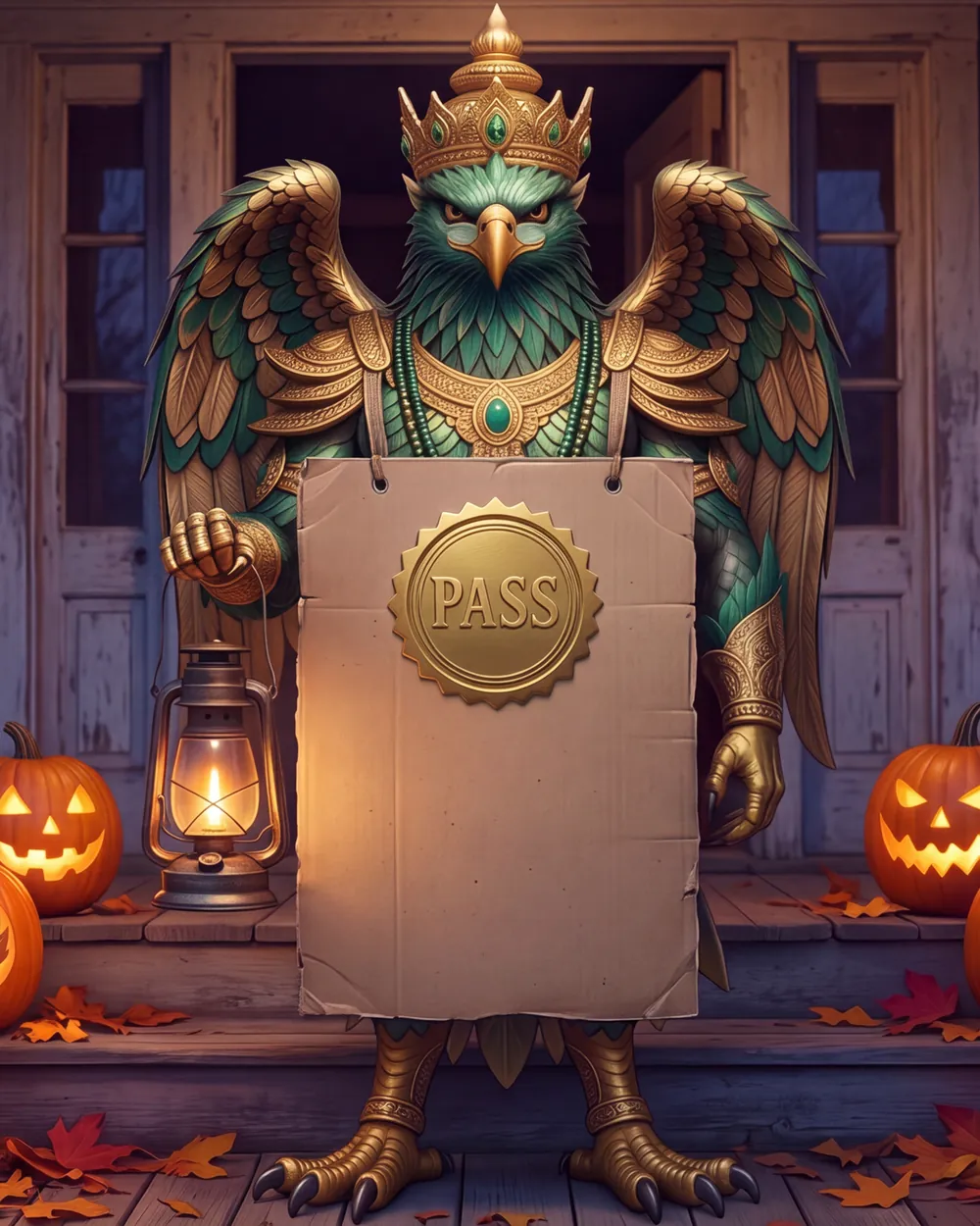 Garuda on a porch lined with jack-o'-lanterns, holding a lab certificate marked Pass