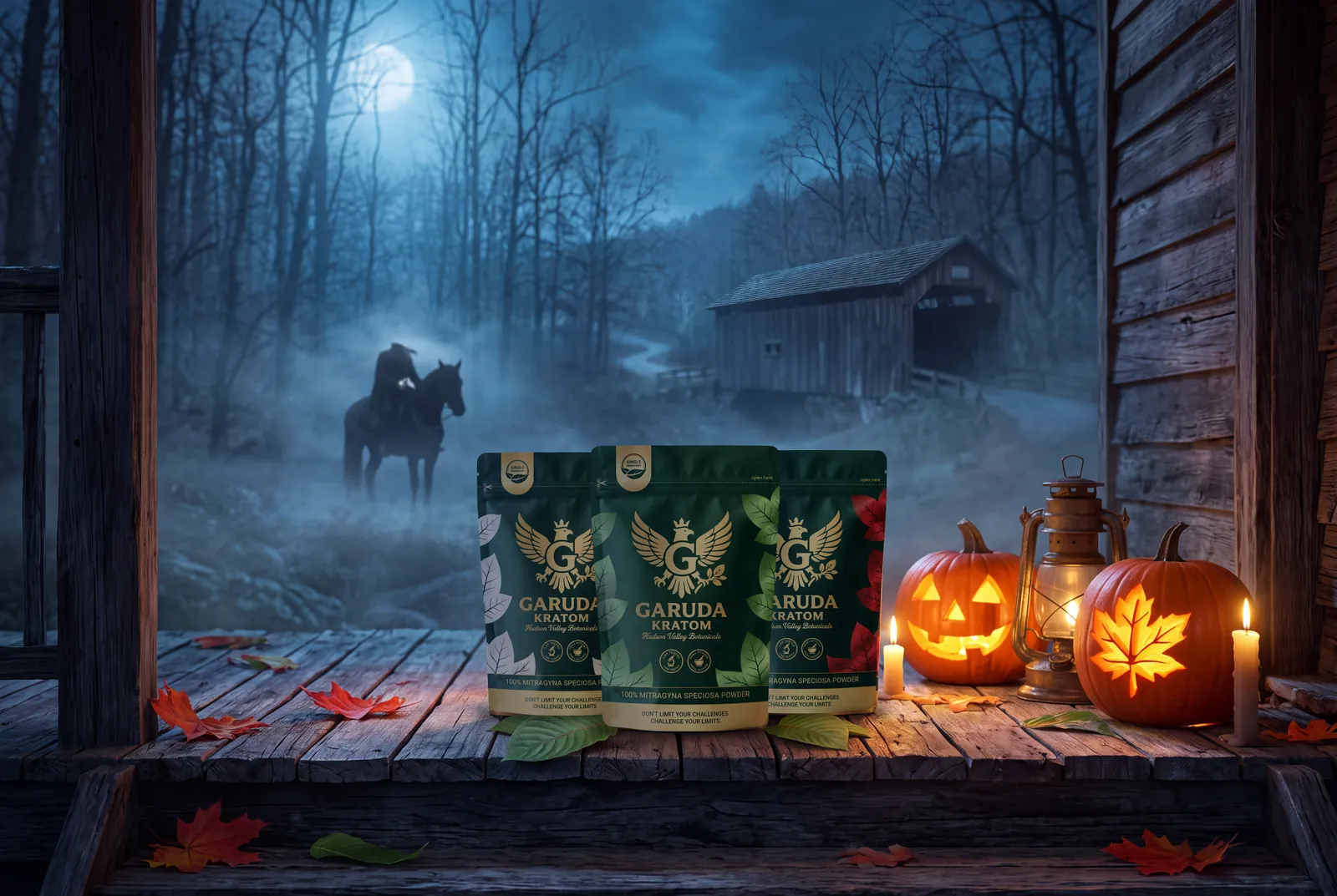 Garuda Kratom pouches in white, green and red on a porch step with jack-o'-lanterns and an oil lantern on a foggy night