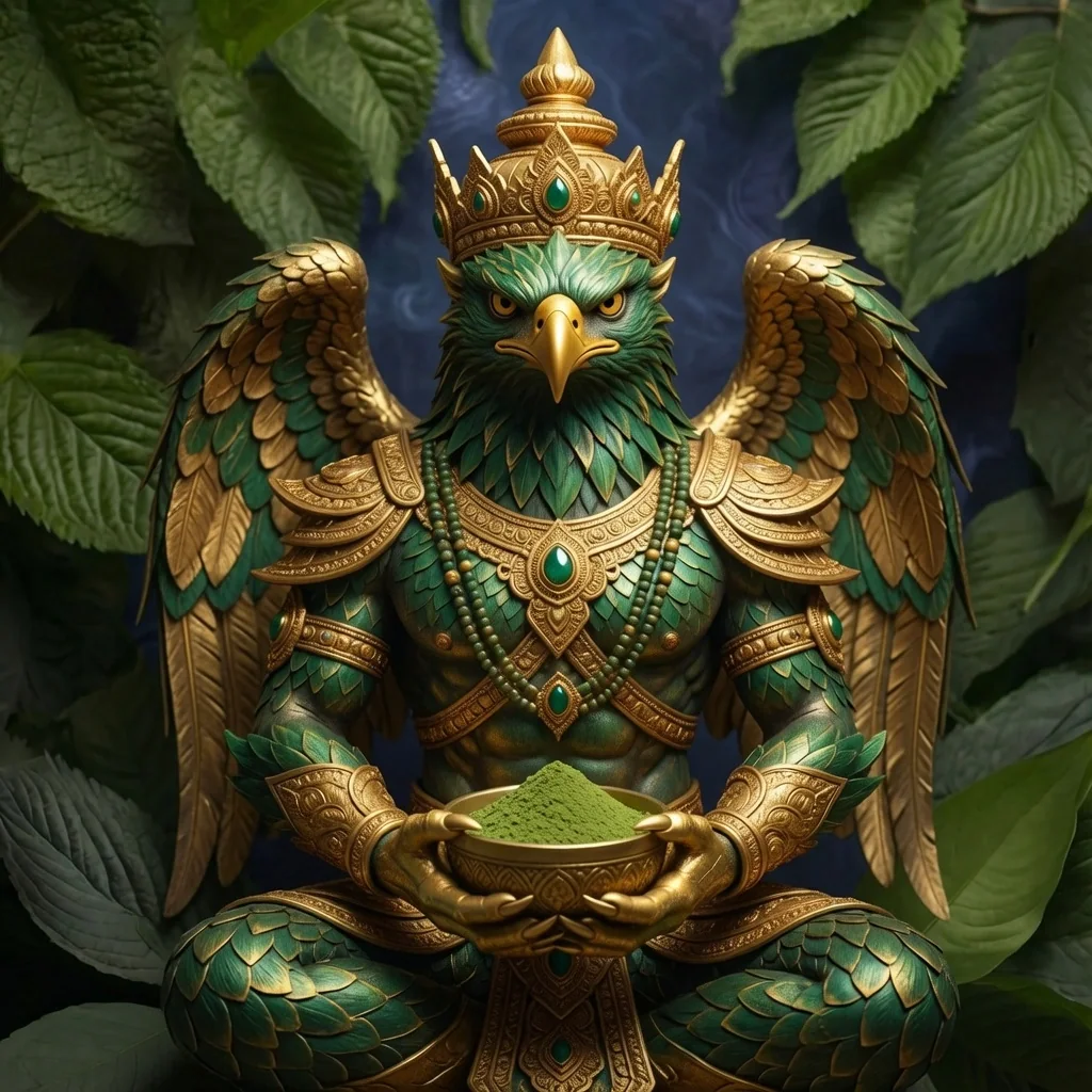 Garuda, the mythical bird of Indonesian tradition, holding a bowl of kratom powder