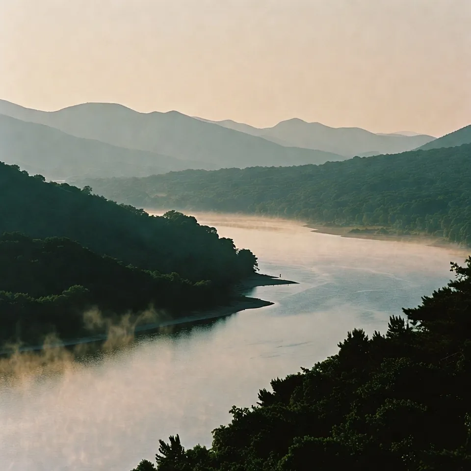 A river valley at dawn, with mist on the water and mountains beyond