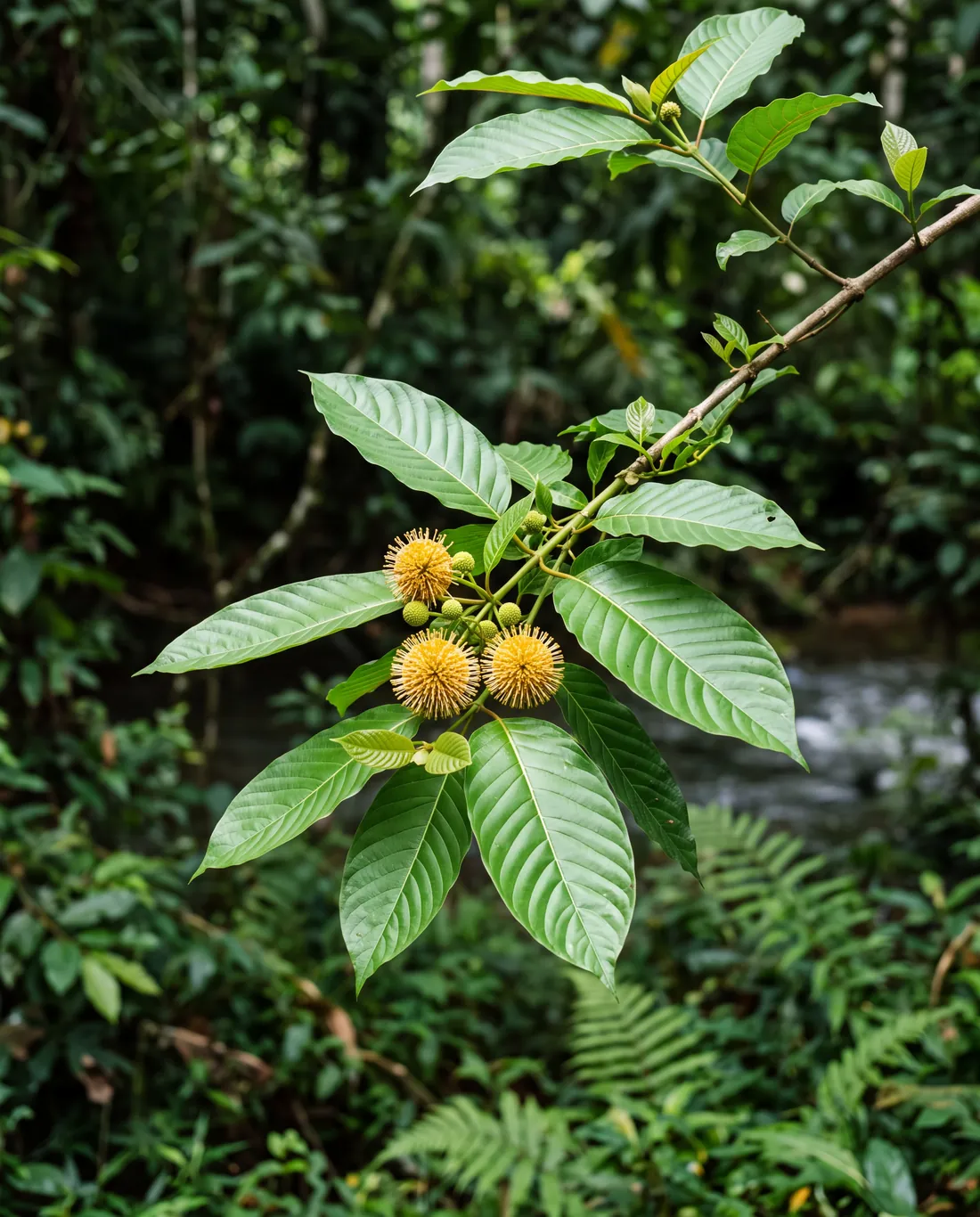 A flowering kratom branch with glossy paired leaves and three round, golden flower heads beside a forest stream