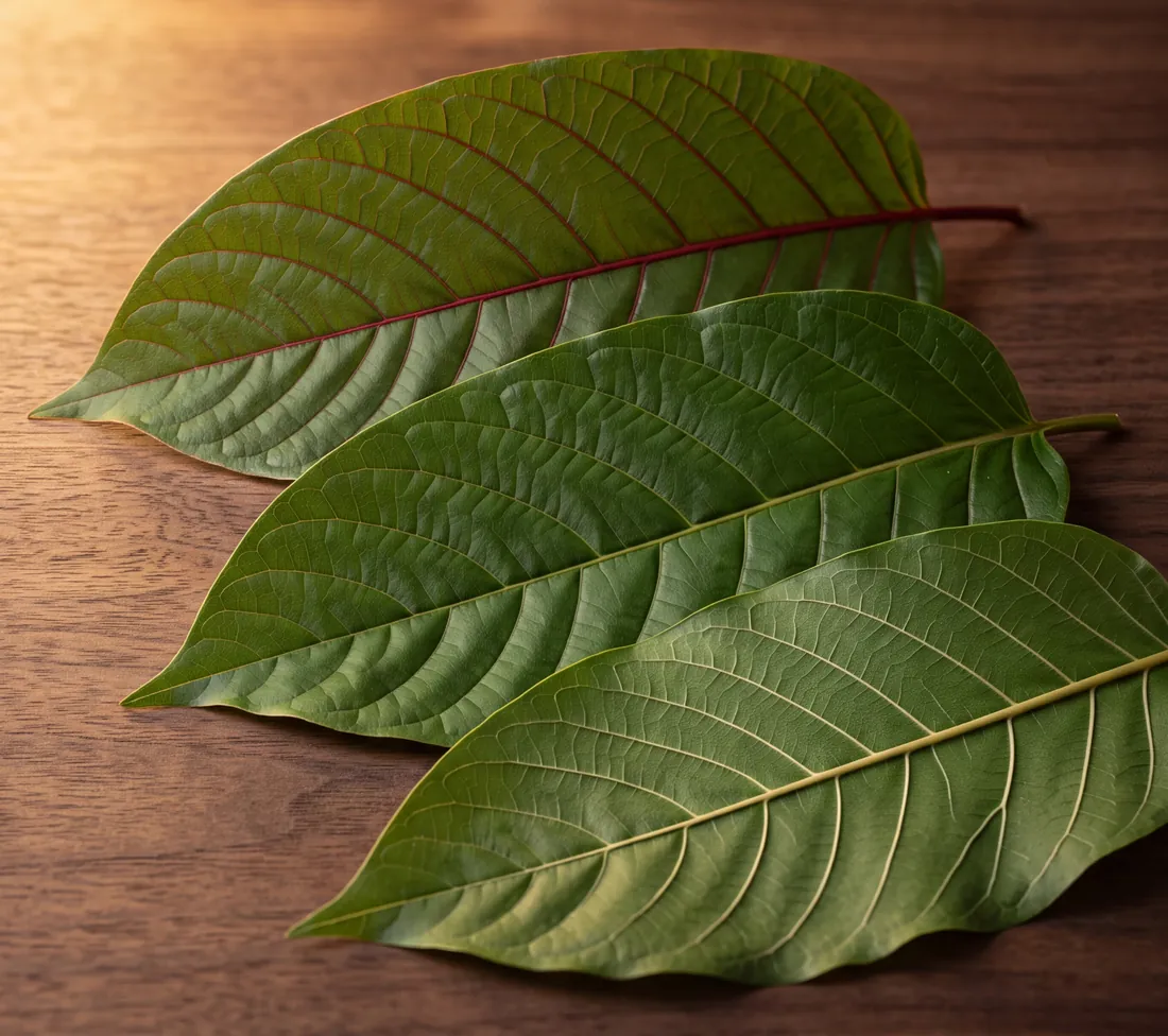 Three kratom leaves on a wooden table, one with a red central vein, one green and one pale white