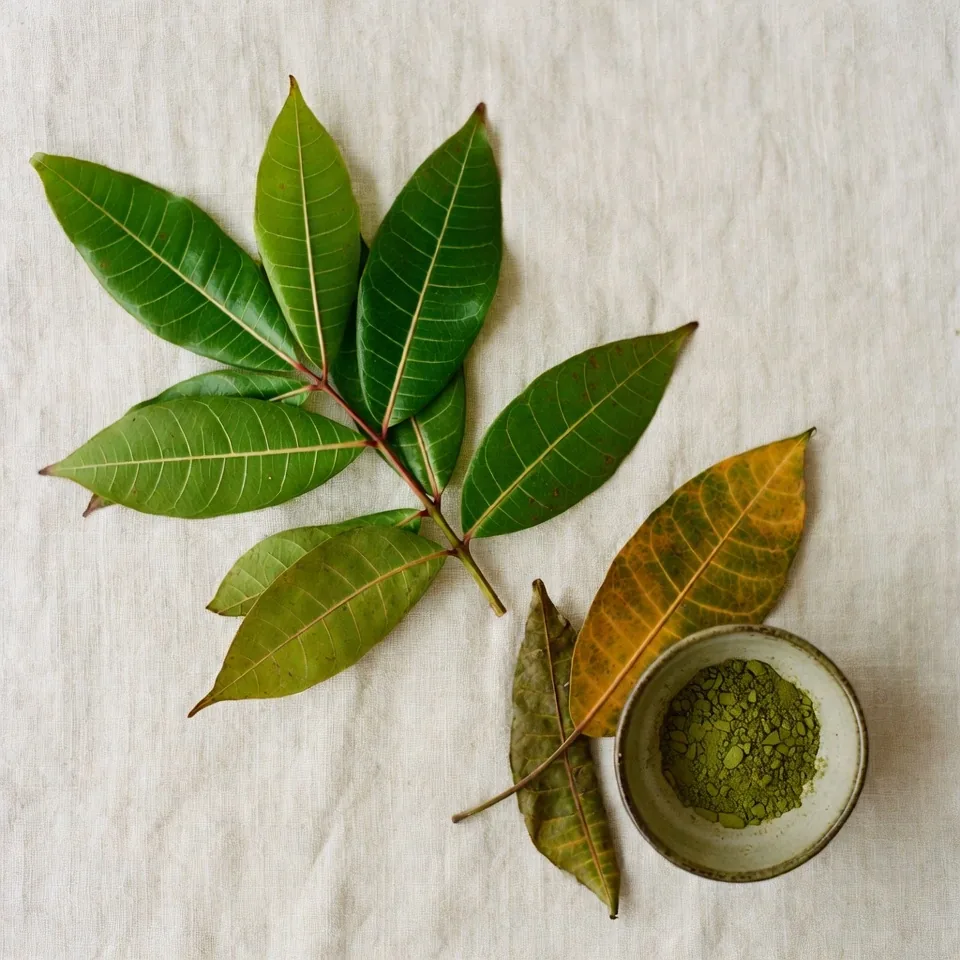 Fresh kratom leaves beside a small bowl of green kratom powder