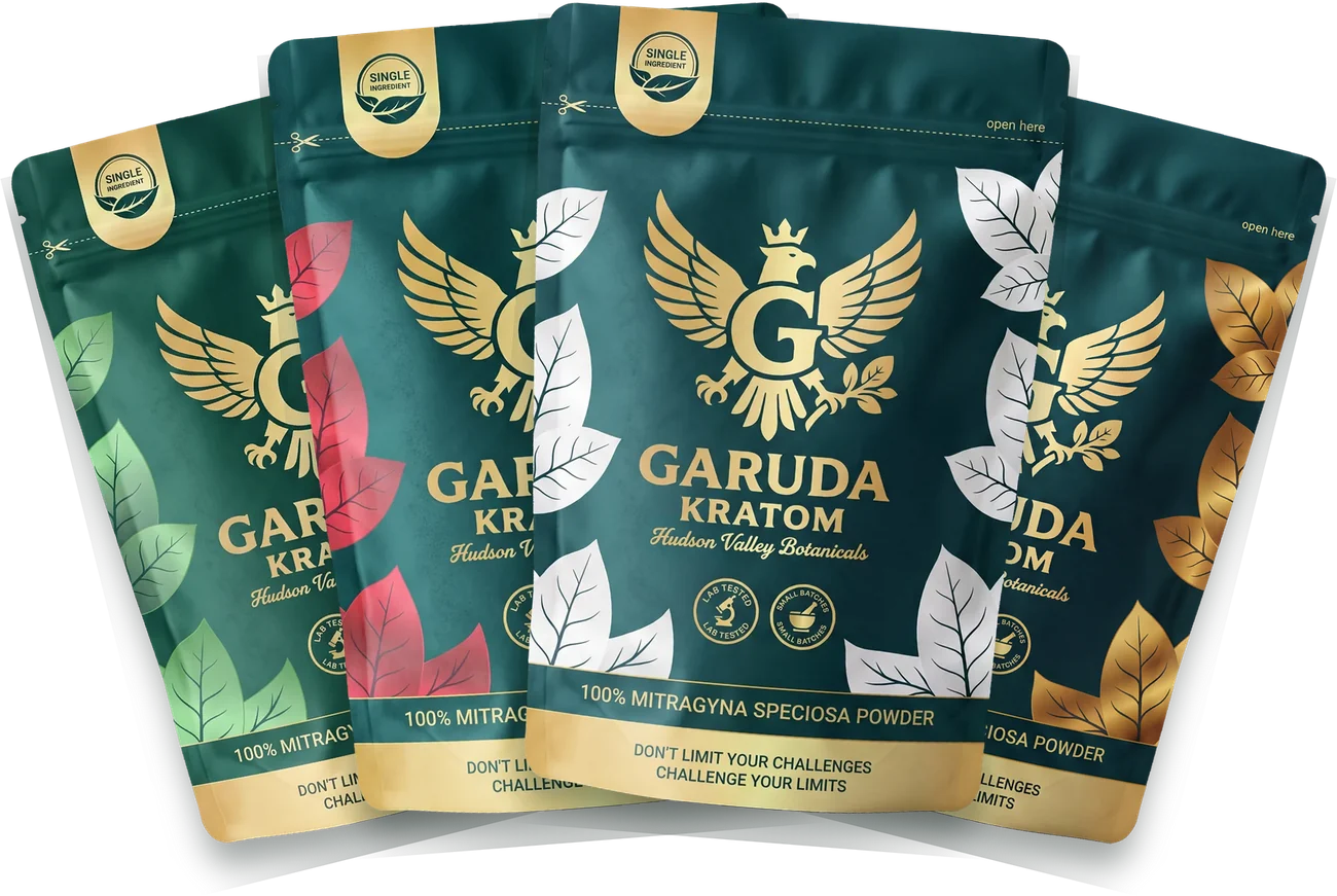 Four Garuda Kratom pouches fanned out