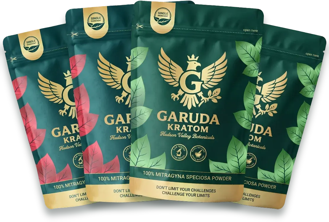 Two red and two green 250g Garuda Kratom pouches