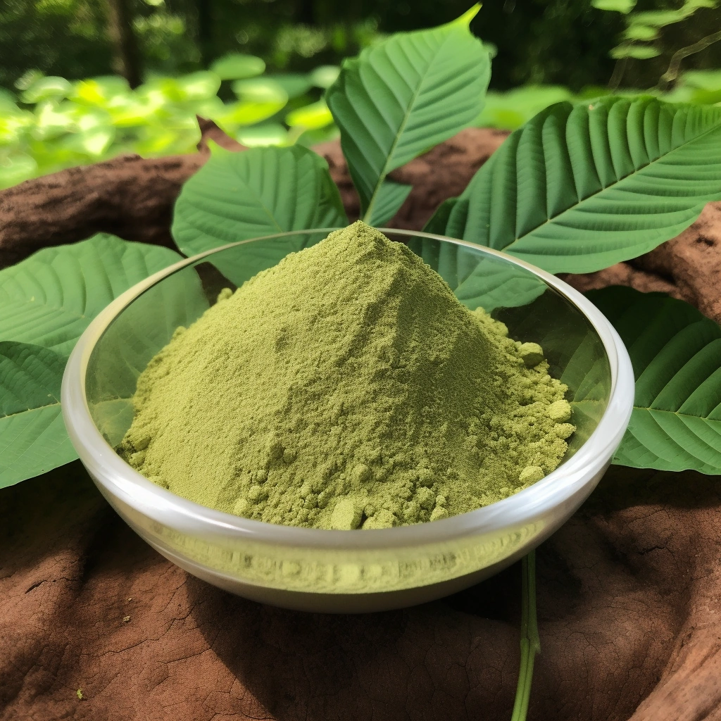 Premium kratom powder in wooden bowl with fresh green kratom leaves from Indonesian forest