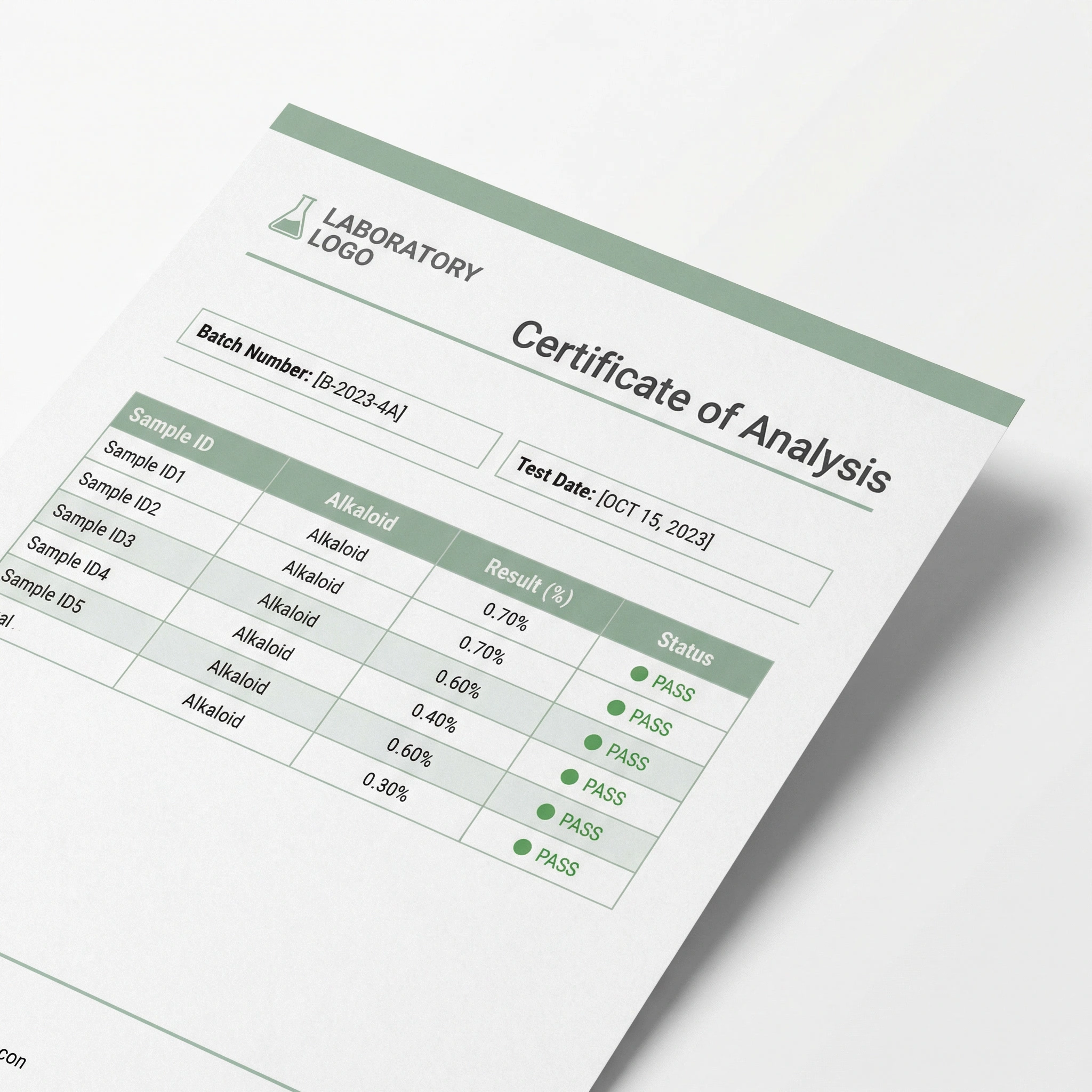 Sample Certificate of Analysis showing kratom lab test results