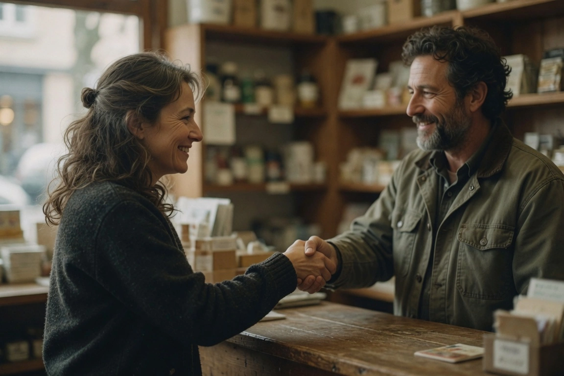 A retailer and supplier shaking hands across an independent shop counter