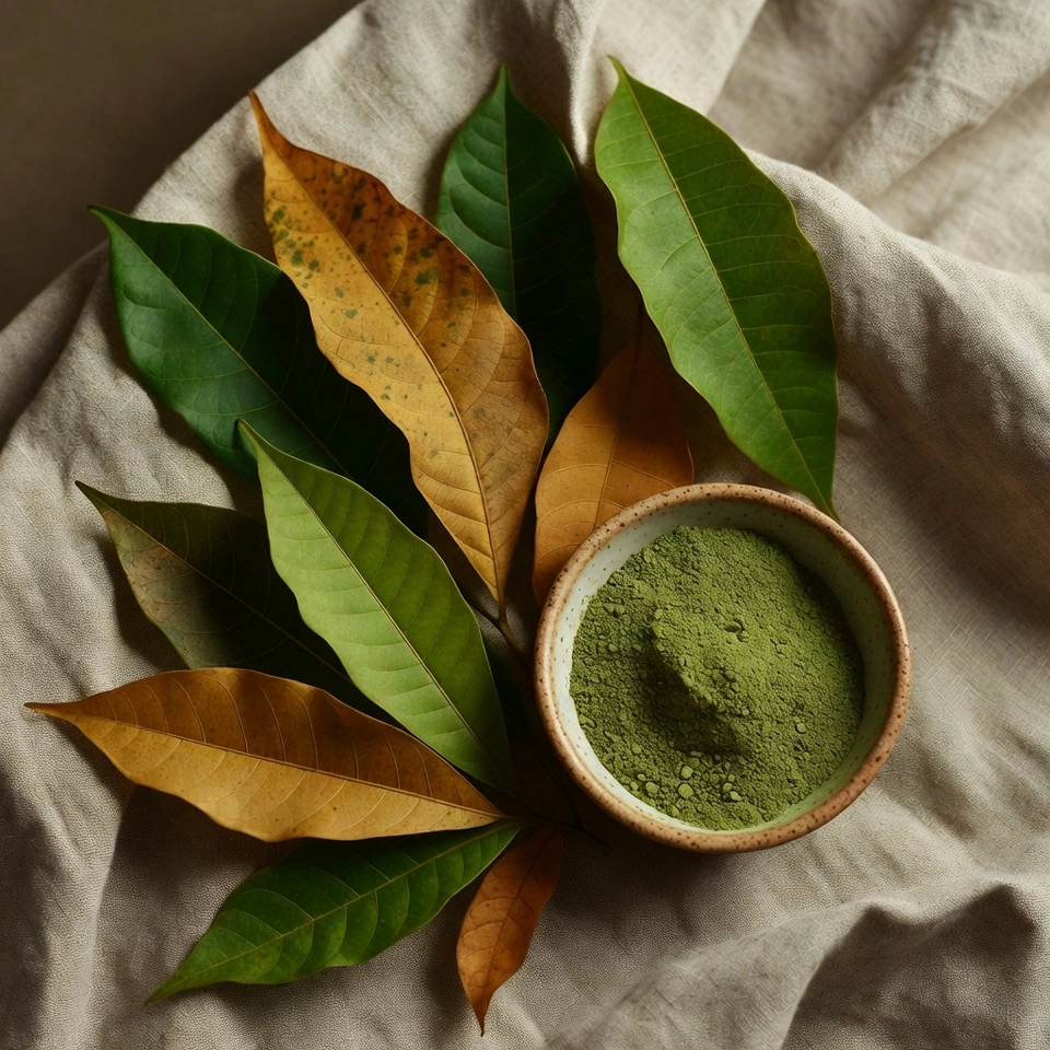 Fresh Mitragyna speciosa kratom leaves beside finely milled green kratom powder