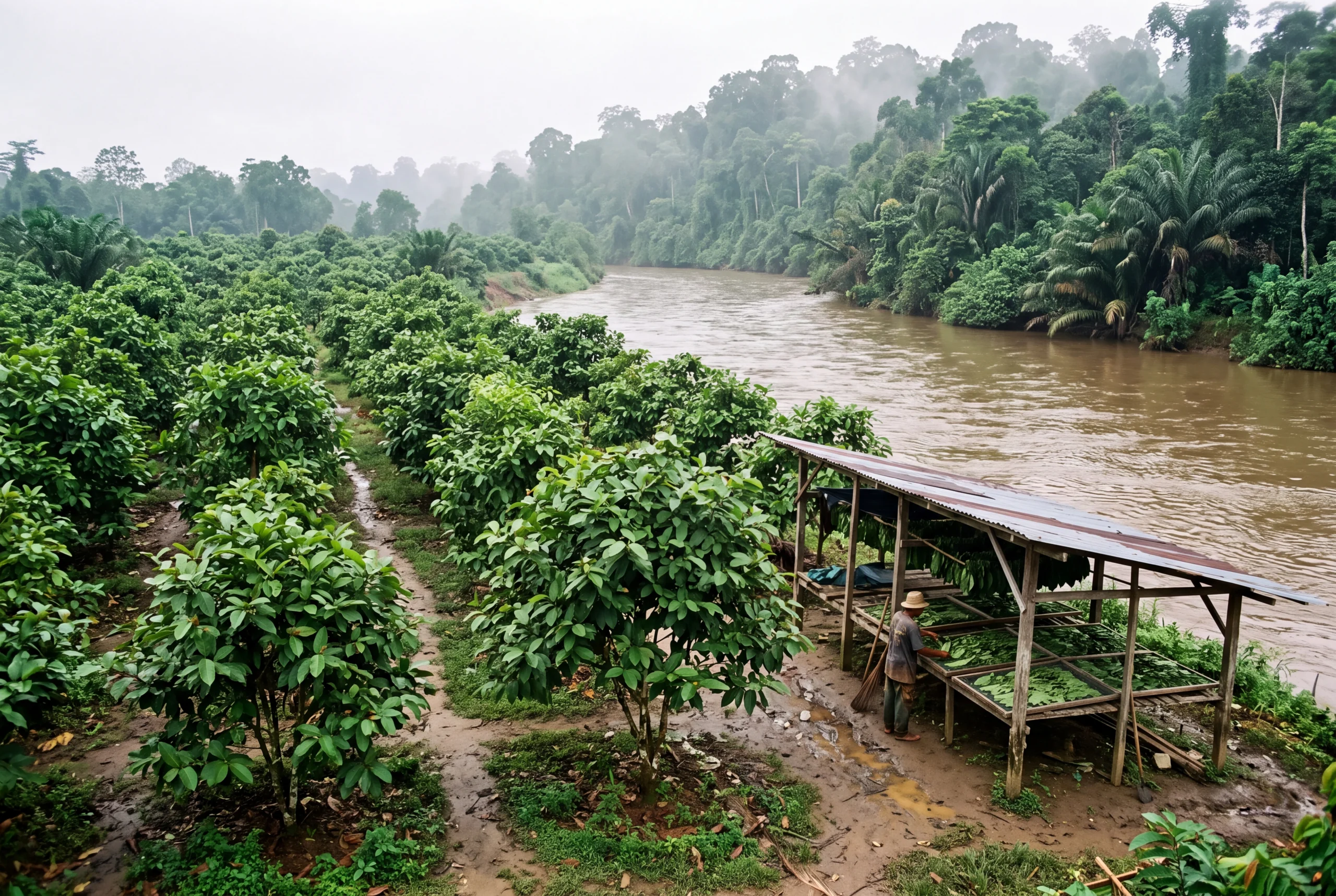 Rows of kratom trees on a riverbank smallholding, with harvested leaf laid out under a covered drying rack