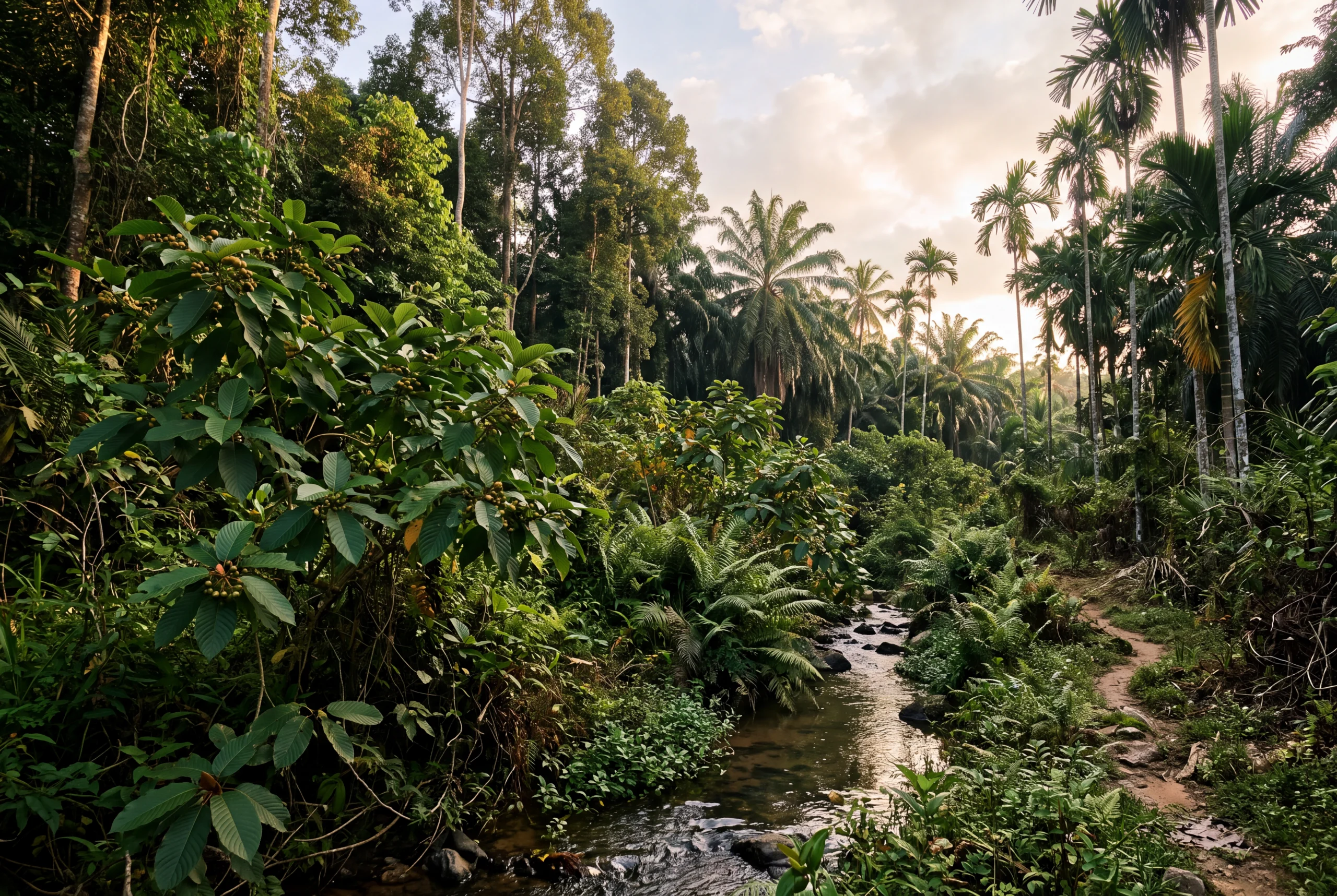 Kratom growing wild at a lowland forest edge beside a stream, among palms and ferns