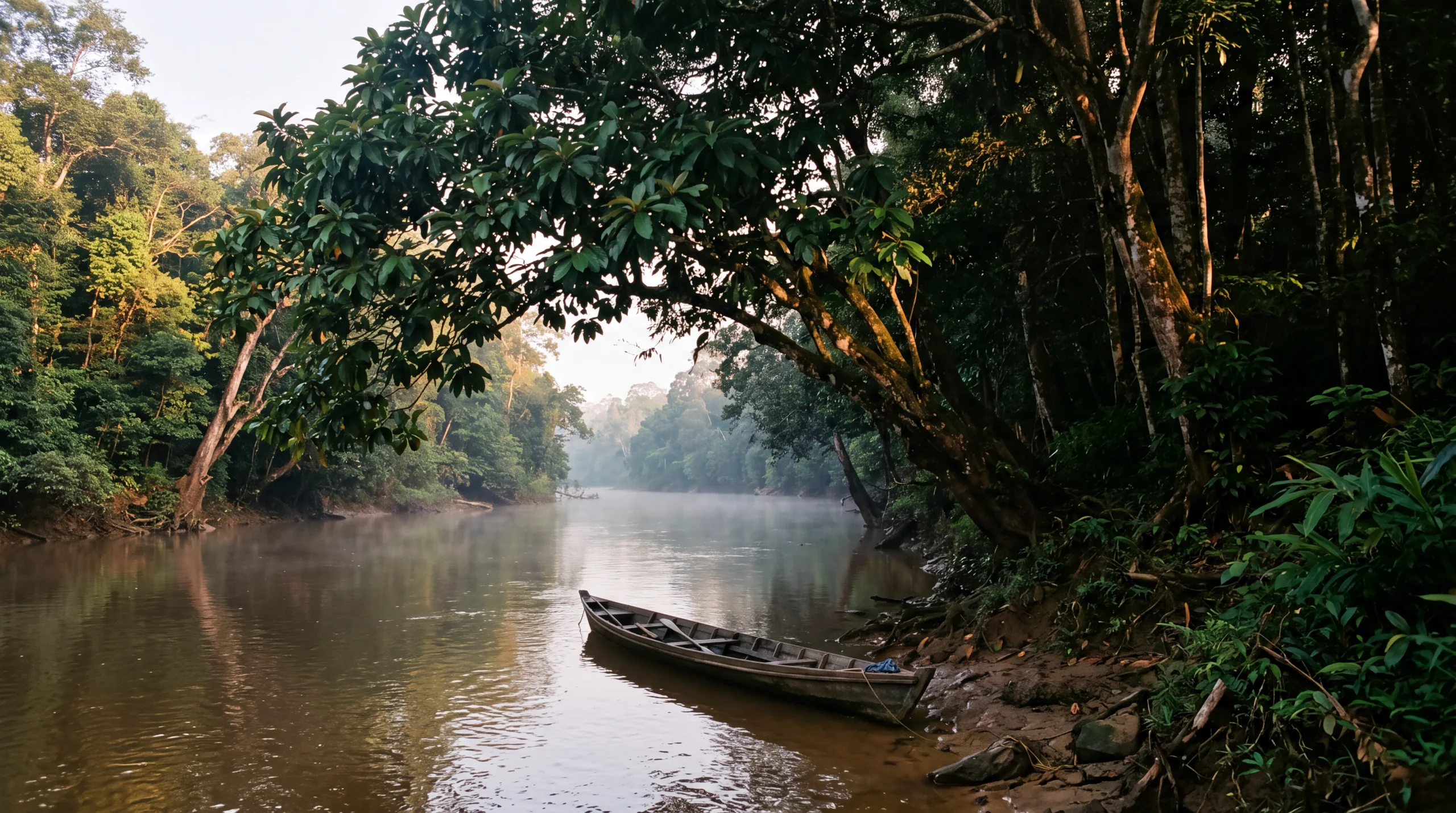 jungle river with canoe