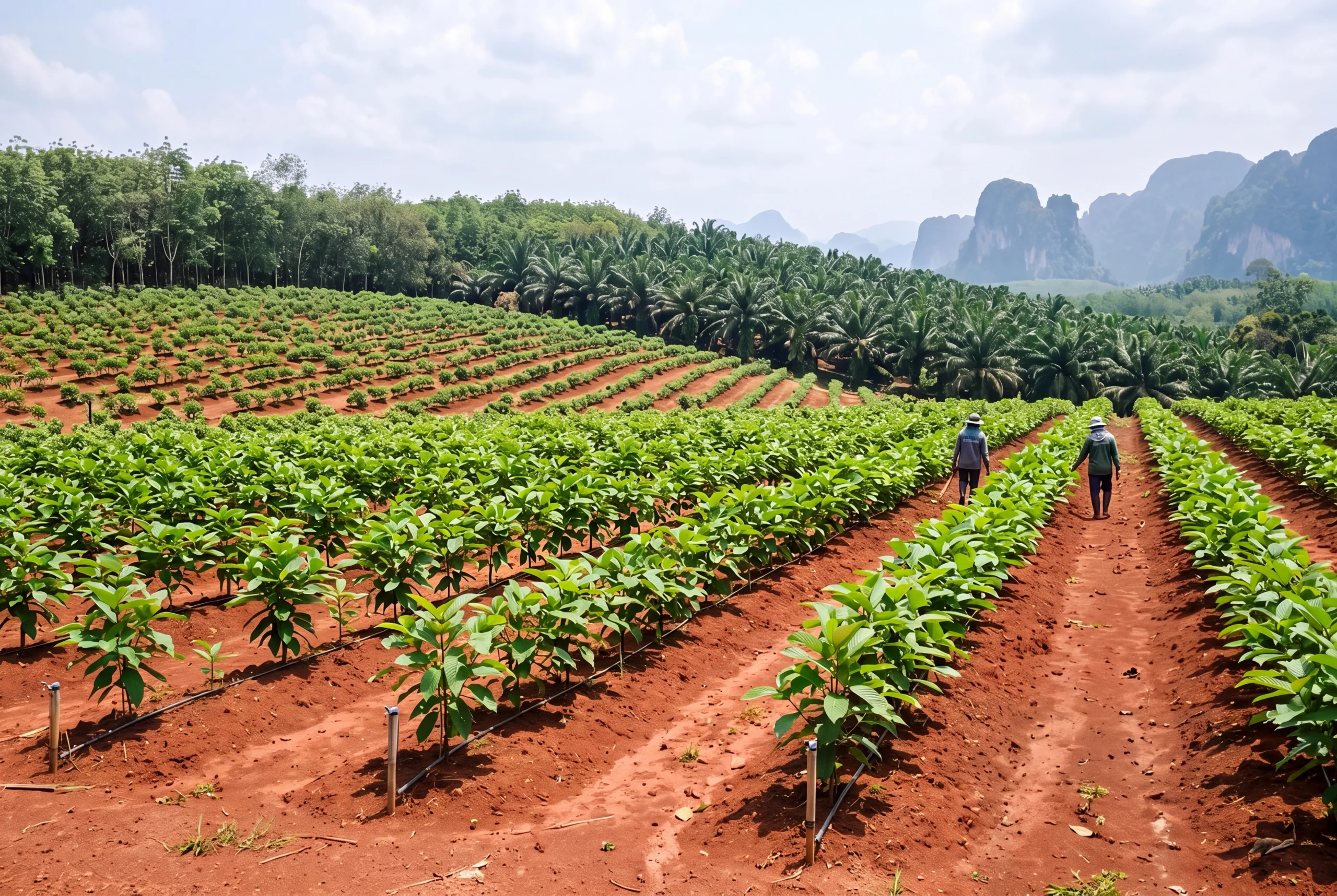 Young kratom trees planted in irrigated rows on red soil, with limestone hills behind