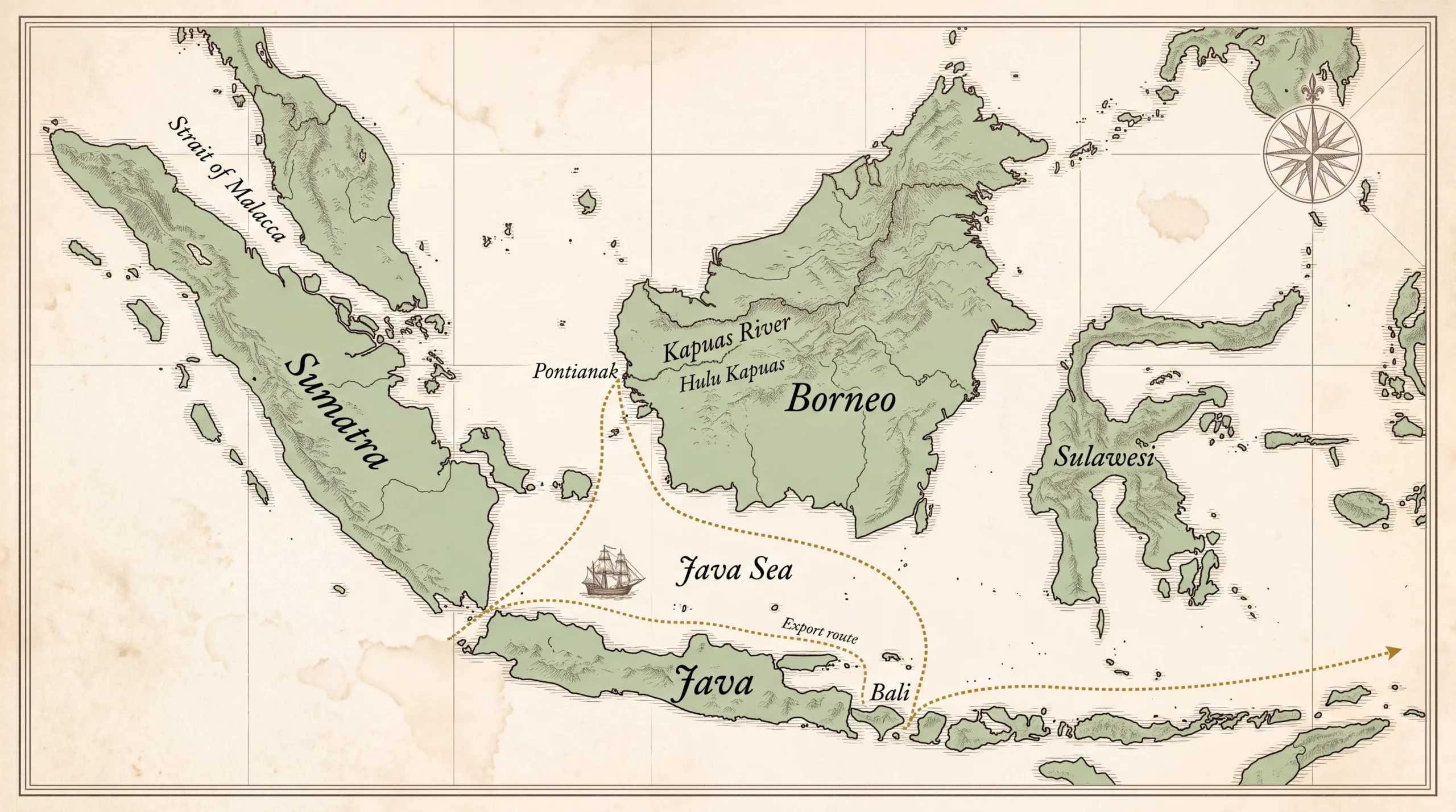 Antique-style map of the Indonesian archipelago tracing a dotted export route from Pontianak on the west coast of Borneo across the Java Sea, past Bali, and out to sea